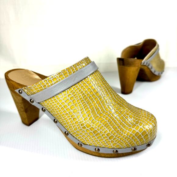 Sanita Shoes - SANITA Embossed Leather Wooden Heel Clogs Size 39 Yellow Boho Festival Hippie